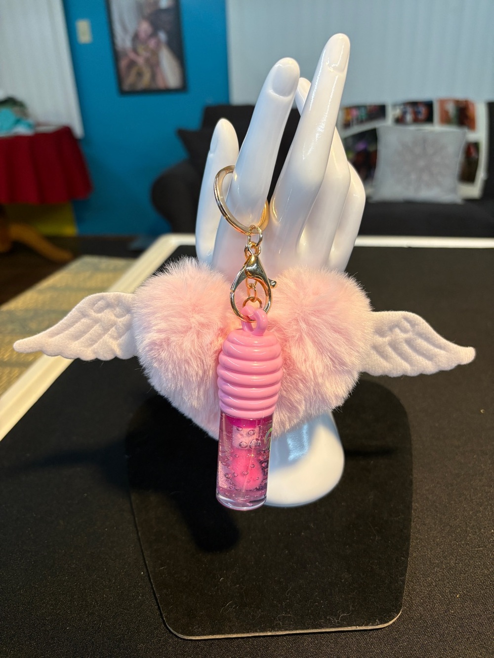 Pink Winged Pom-Pom Lip Gloss Keychain